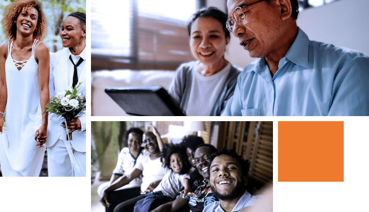 This image is a collage of different people. The upper left image is of a two people at an LGBT Wedding Celebration. The upper right is of a Senior Taiwanese couple sitting in living room and using digital tablet. The bottom is of a young black man taking a selfie of his family