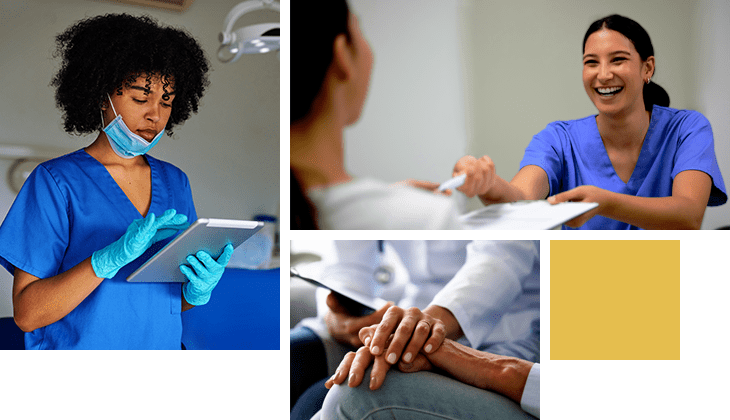 This image is a collage of different people. The upper left is an African American mechanic working in auto repair shop and looking at camera. The upper right features a woman wearing blue scrubs smiling with a patient. The bottom is a doctor holding a patient's hand.