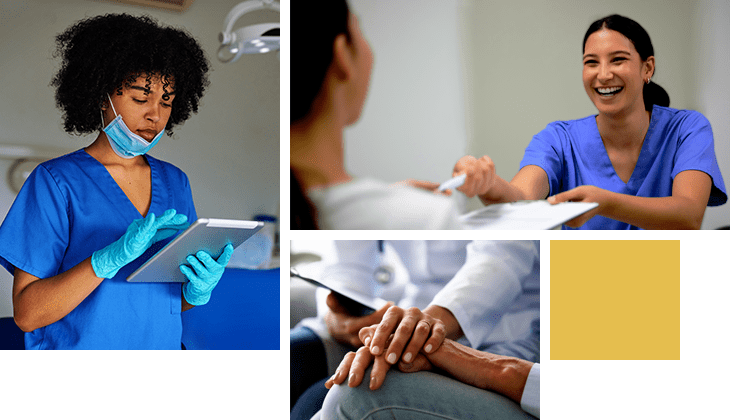 This image is a collage of different people.  The upper left is an African American mechanic working in auto repair shop and looking at camera.  The upper right features a woman wearing blue scrubs smiling with a patient. The bottom is a doctor holding a patient's hand.