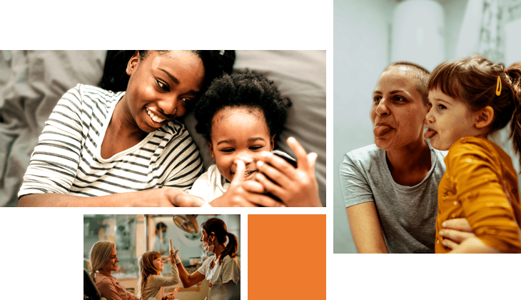This image is a collage of different people. The upper left is a mother and toddler having fun, watching cartoons on a phone. The upper right is a mother with cancer, hugging her daughter in bathroom and making faces. The bottom is a happy girl with her mother, giving a high five to a dentist after a medical exam at dentist's office.