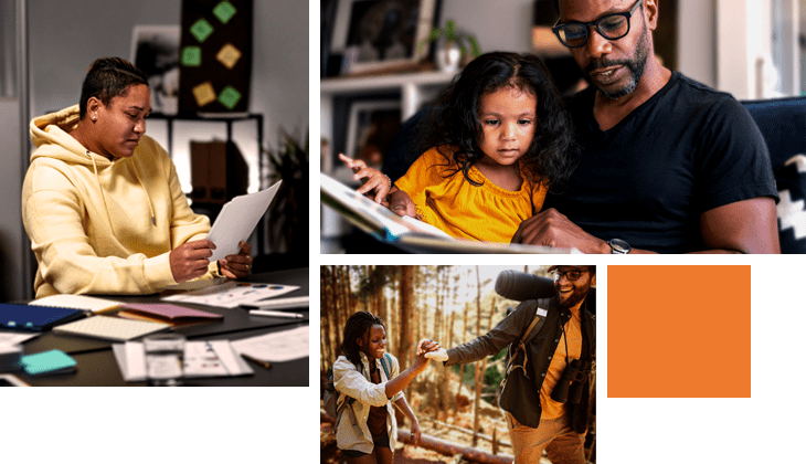 This image is a collage of different people.    The upper left is young designer looking over concepts  The upper right is a loving father of African descent sits on the couch at home and reads a storybook to his preschool age daughter. The child is sitting on her father's lap and is looking at the book intently.  The bottom is a young couple on vacation in the countryside, enjoying the summer. They are walking through a forest and exploring nature.