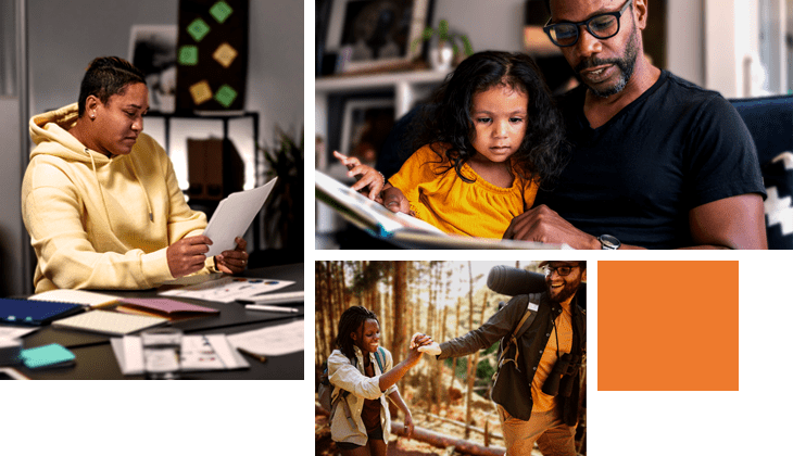 This image is a collage of different people. The upper left is young designer looking over concepts The upper right is a loving father of African descent sits on the couch at home and reads a storybook to his preschool age daughter. The child is sitting on her father's lap and is looking at the book intently. The bottom is a young couple on vacation in the countryside, enjoying the summer. They are walking through a forest and exploring nature.