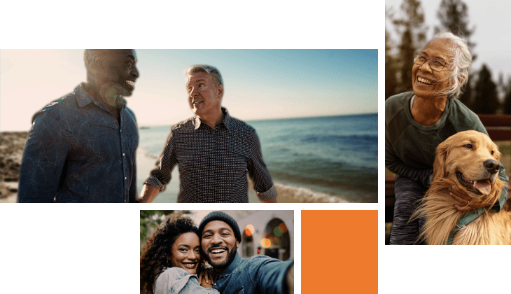 This image is a collage of different people.    The upper left is of a male, senior couple, enjoying a stroll along the beach in the morning.  The upper right is an active, ethnic, senior woman of Asian and Pacific Islander descent, enjoying the outdoors with her pet dog.  The bottom is happy young, black couple taking selfies in the city while on a date.