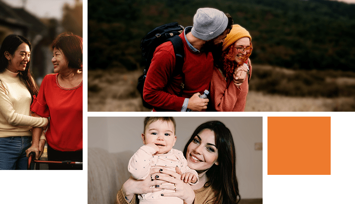 This image is a collage of different people. The upper left is of an asian chinese female walking with her walking aid recovering and helped by her daughter The second is a shot of a young couple hiking through the mountains during a cold and fresh day. Both having a backpack and bottle of water while having an outdoor adventure. The bottom image is a portrait of a mother with her little daughter. They are sitting on the sofa at home, looking at camera.