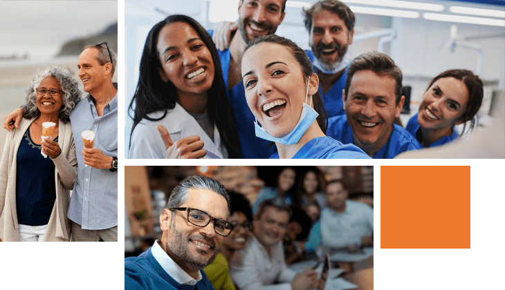 This image is a collage of different people.    The upper left is of an adorable senior couple enjoy each other's company and ice cream cones on an Oregon beach.  The upper right is a group of happy dental practitioners in a Dentist's office.  The bottom is of a handsome Latin american man taking a selfie with his team at the office.